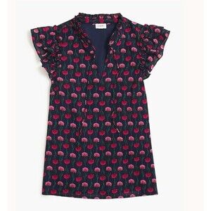 J Crew Sz M Ruffle Shoulder Floral Blouse Blue Pink Polyester Short Sleeve AA